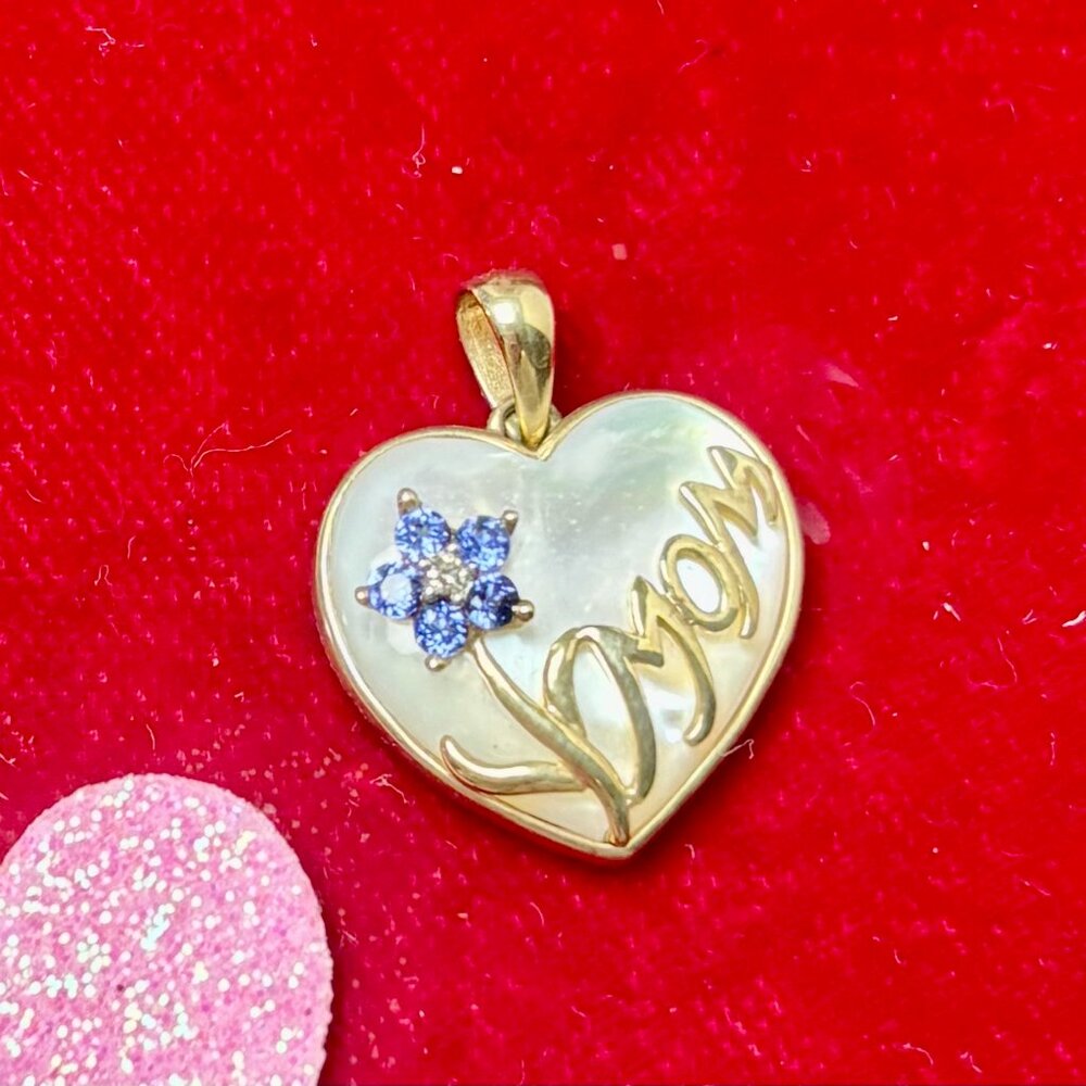 Mother of Pearl and blue Sapphire Mom heart shape Pendant set in 10k yellow gold